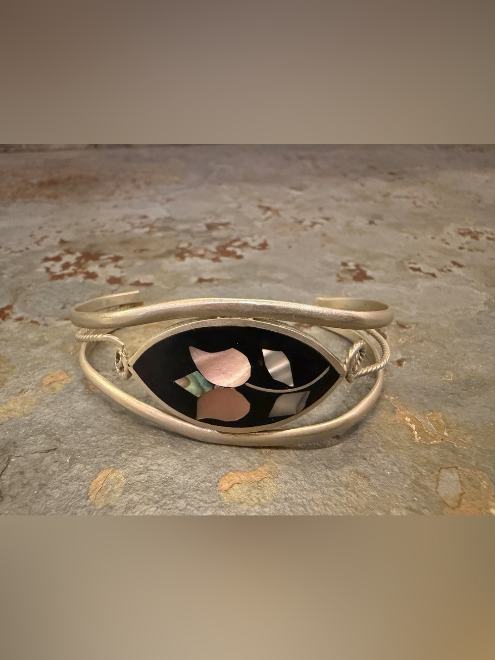 Silver-Tone Cuff Bracelet with Black Inlay and Mother-of-Pearl Accents